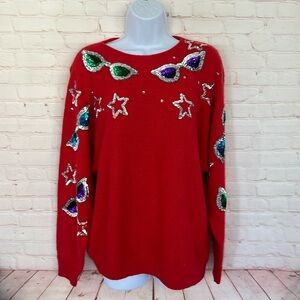 VTG ADAM DOUGLASS KNITS Christmas silk and lambs wool embellished red sweater s
